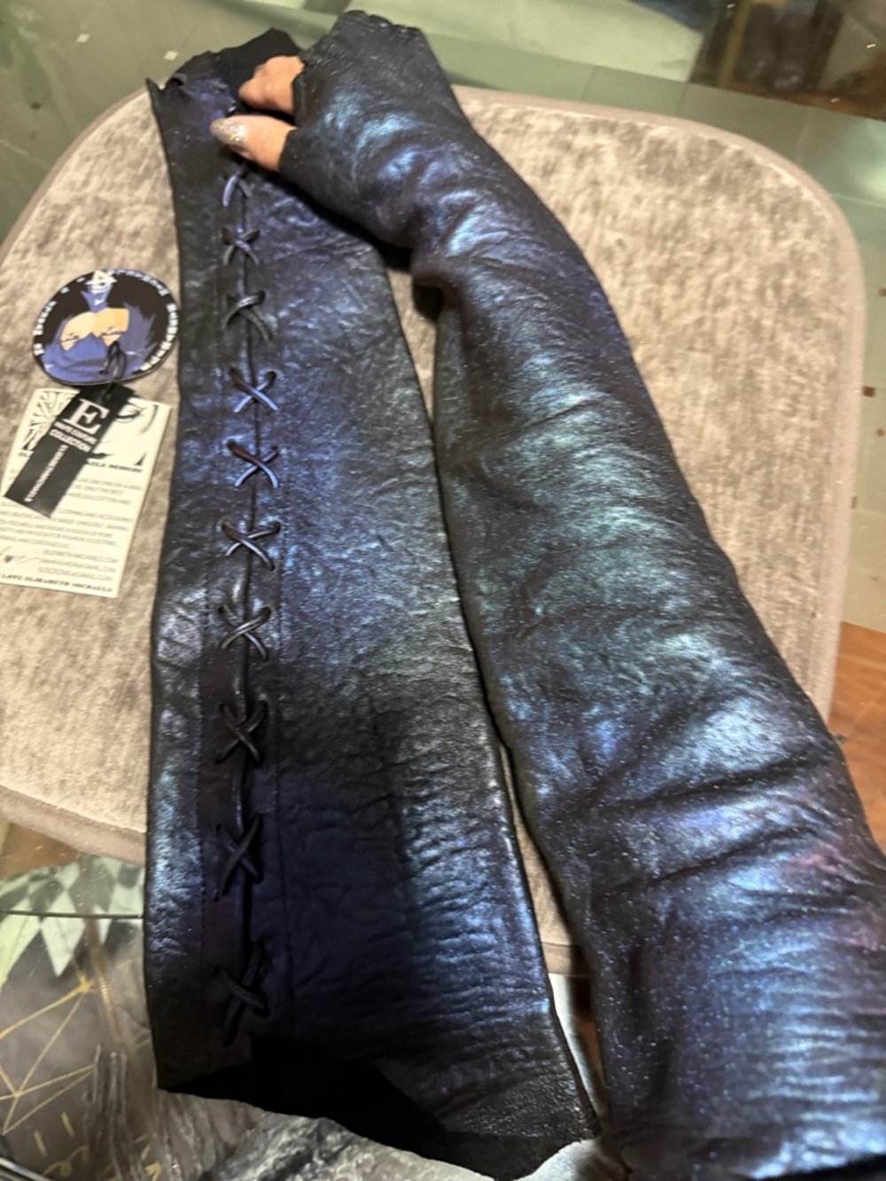 Long Black ,Blue,Purple Leather Lace-Up Fingerless Gloves,one of the kind.